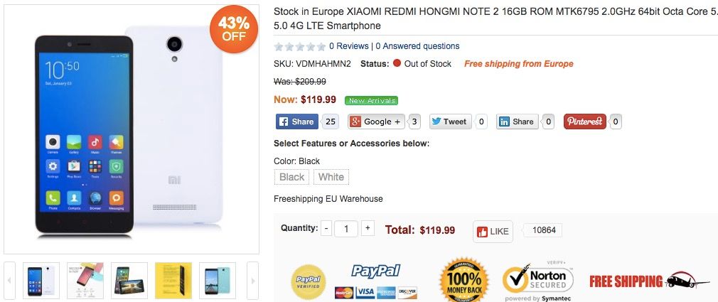 Kaufen Sie den Xiaomi RedMi Note 2 des Verkaufs
