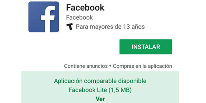 Google Play te recomienda la version lite de Facebook