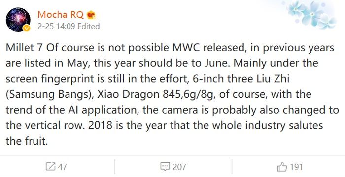 Nachricht zur Bestätigung des Datums der Präsentation des Xiaomi Mi 7