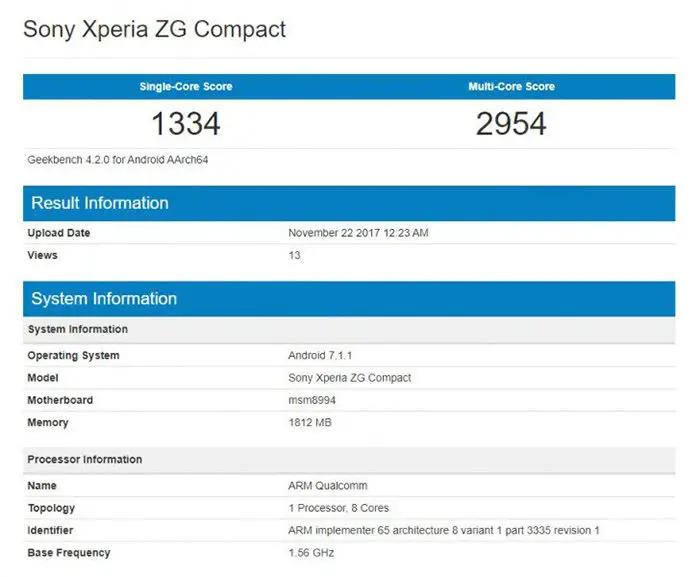 Sony Xperia ZG Compact Registerkarte GeekBench