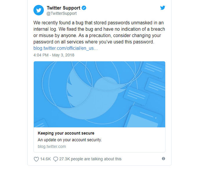 Twitter-Anzeige bezüglich Passwortänderung
