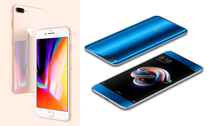 iPhone 8 Rotgold und Xiaomi Mi Note 3 blau