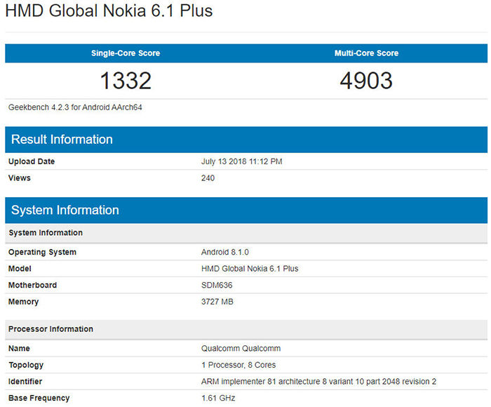 Nokia 6.1 plus Geekbench