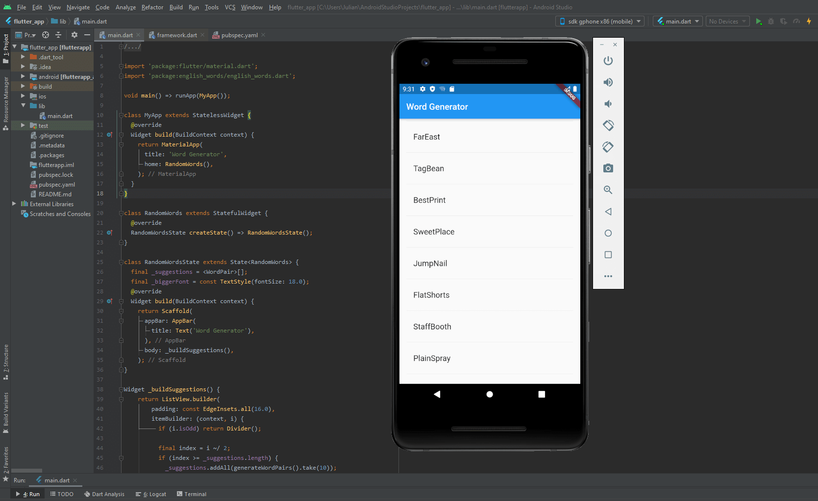 Android Studio und virtuelle Android-Maschine mit Beispiel-App in Flutter