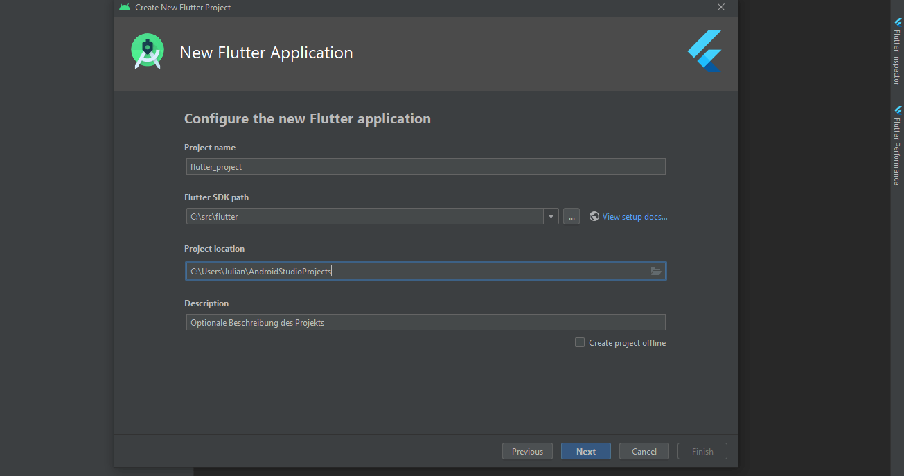 Einrichten einer neuen Flutter-App in Android Studio