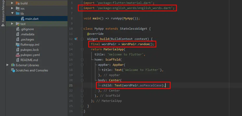 Benutzerdefinierter Code der Flutter Tutorial App in Android Studio