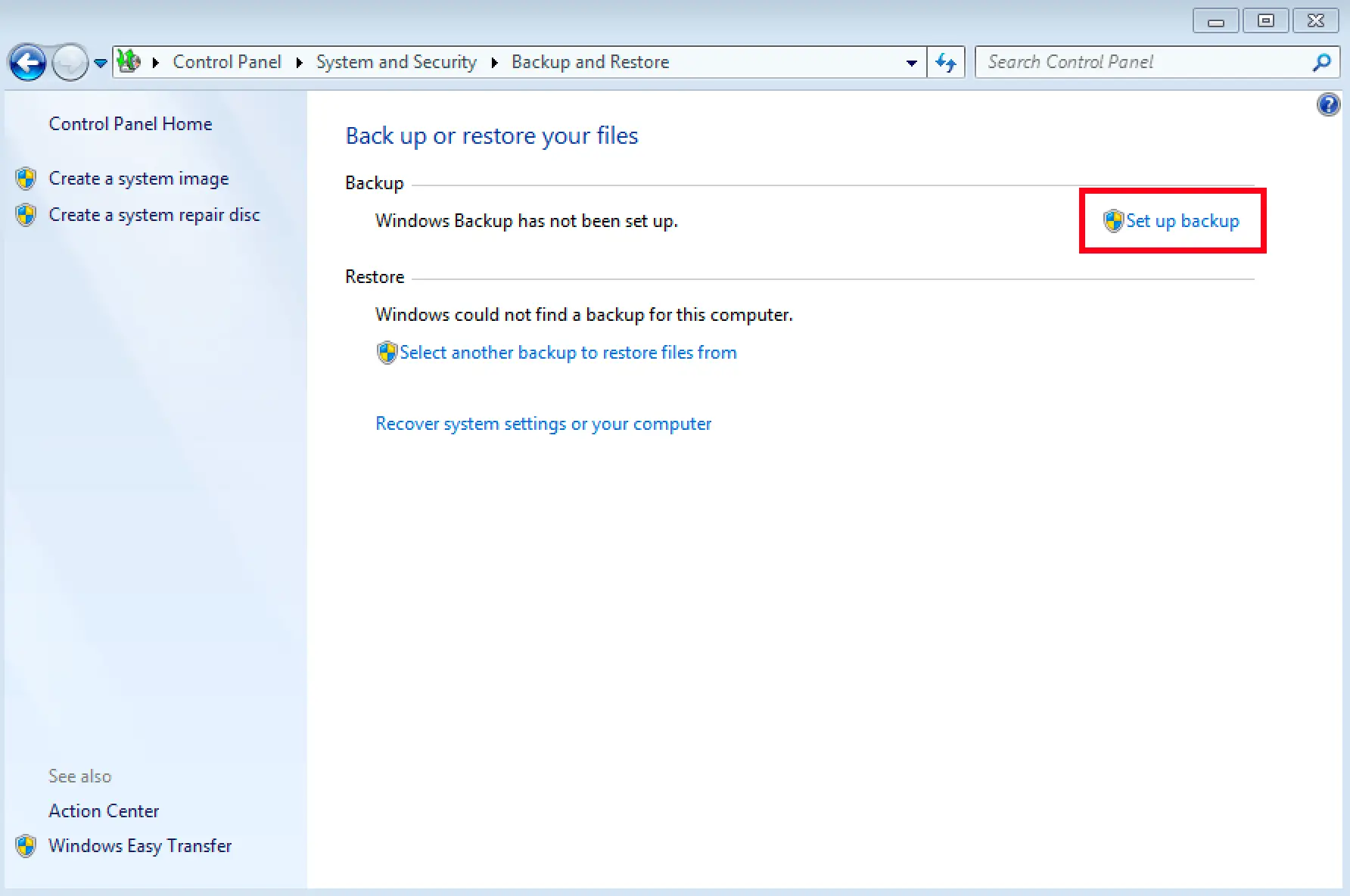 Sicherungsmenü in Windows 7