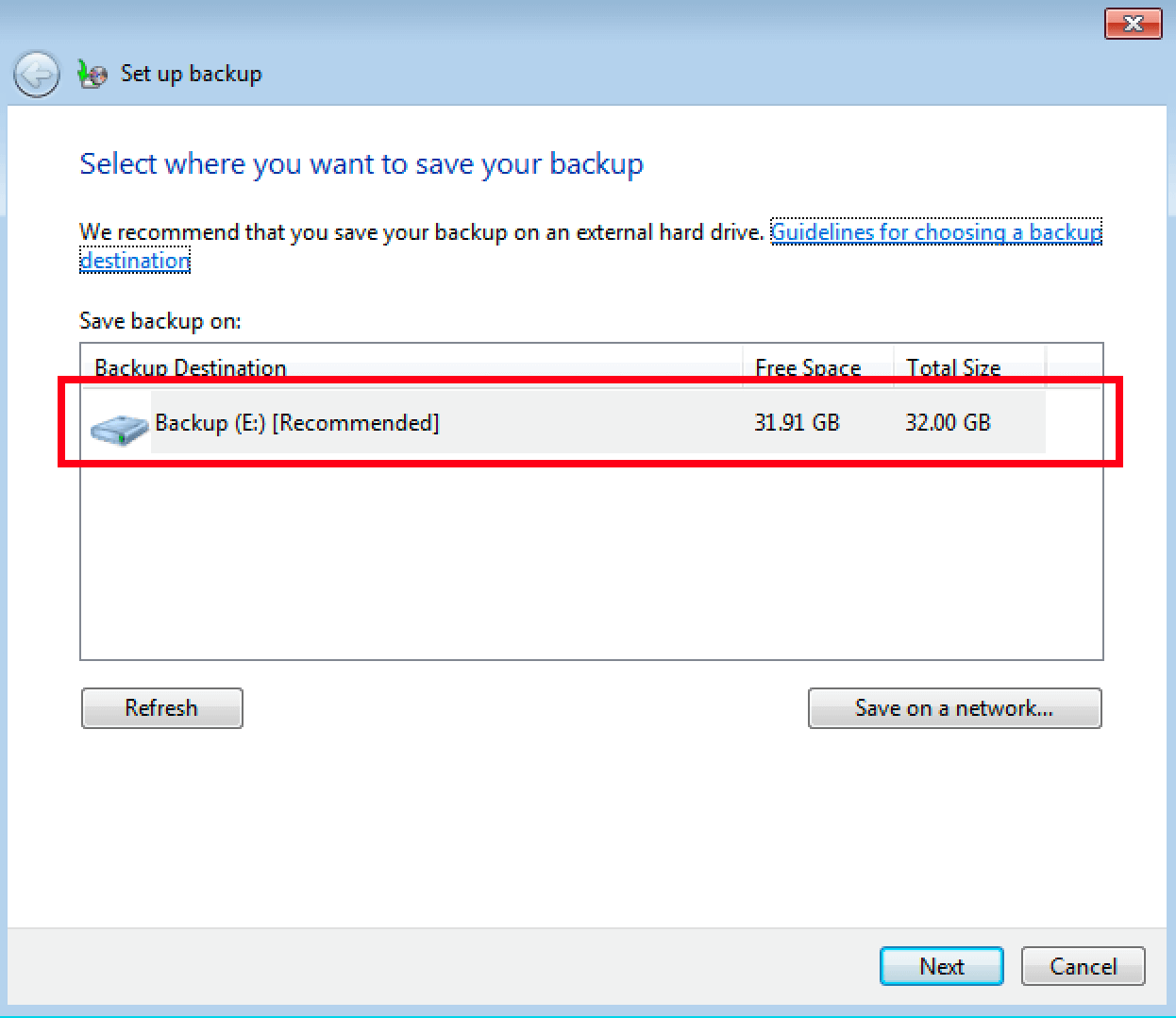 Auswählen des Speichermediums in Windows 7 aus einer Sicherung