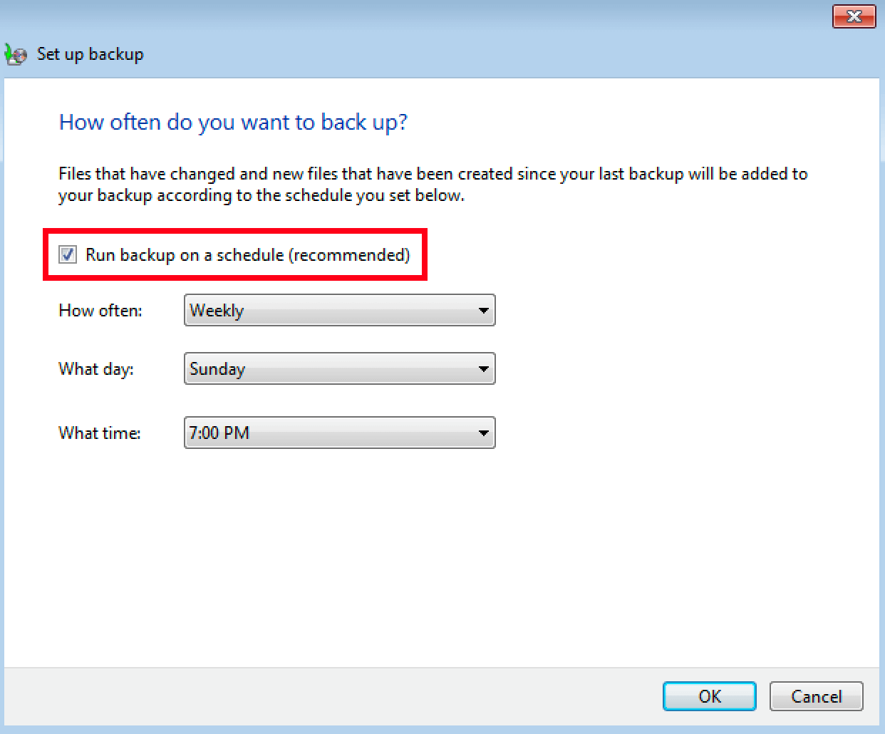 Menü zur Auswahl der Häufigkeit, mit der Sicherungen in Windows 7 erstellt werden sollen