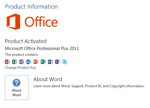 Screenshot der Microsoft Office-Produktinformationsansicht