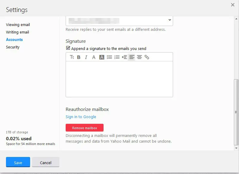 Abschnitt eines Screenshots der Einstellungen des Yahoo Mail-Kontos mit den Signaturoptionen