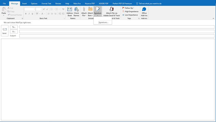 Screenshot einer leeren Nachricht in Outlook mit der ausgewählten Schaltfläche "Signatur"