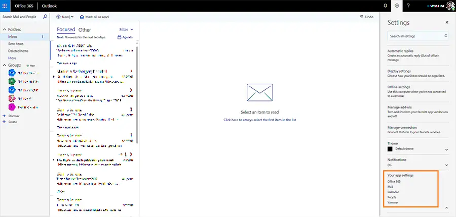 Screenshot des Dropdown-Menüs zur Konfiguration der Microsoft Outlook Web App