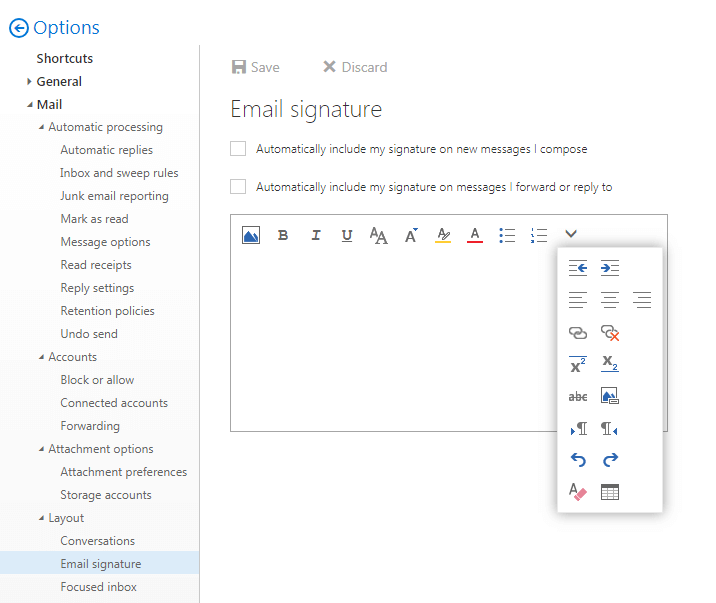 Screenshot des E-Mail-Signatur-Editors in der Outlook-Webanwendung
