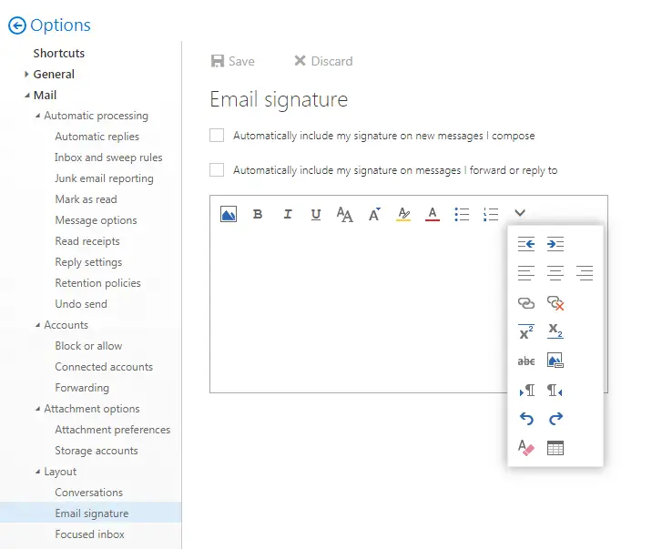 Screenshot des E-Mail-Signatur-Editors in der Outlook-Webanwendung