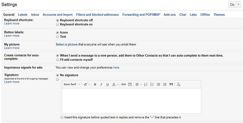 Screenshot der allgemeinen Einstellungen von Google Mail mit den Signaturoptionen