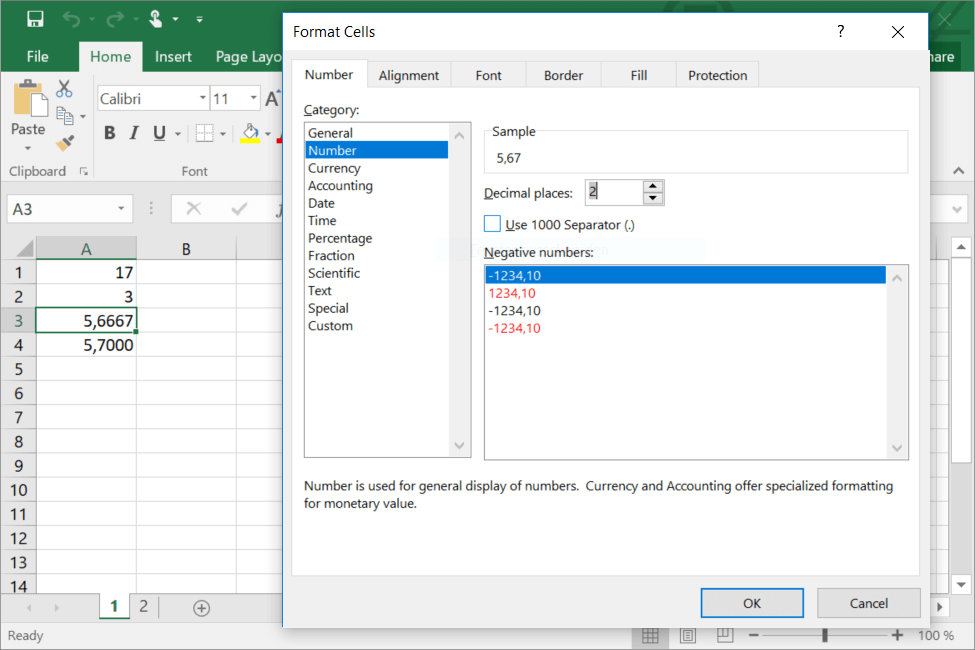 Excel-Fenster zum Formatieren von Zellen, um gerundete Werte für den Benutzer anzuzeigen