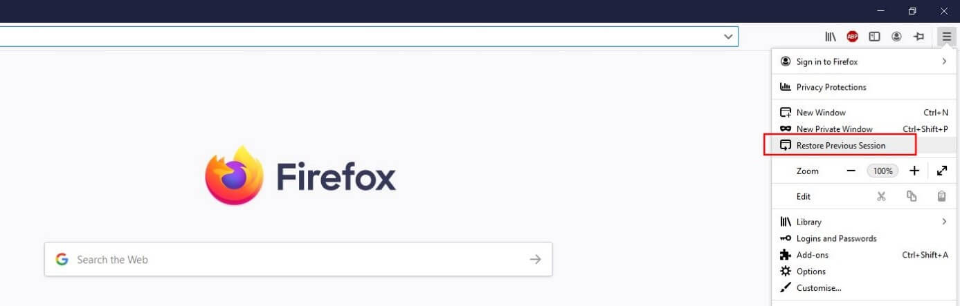 Firefox-Menü: Schaltfläche? Vorherige Sitzung wiederherstellen?