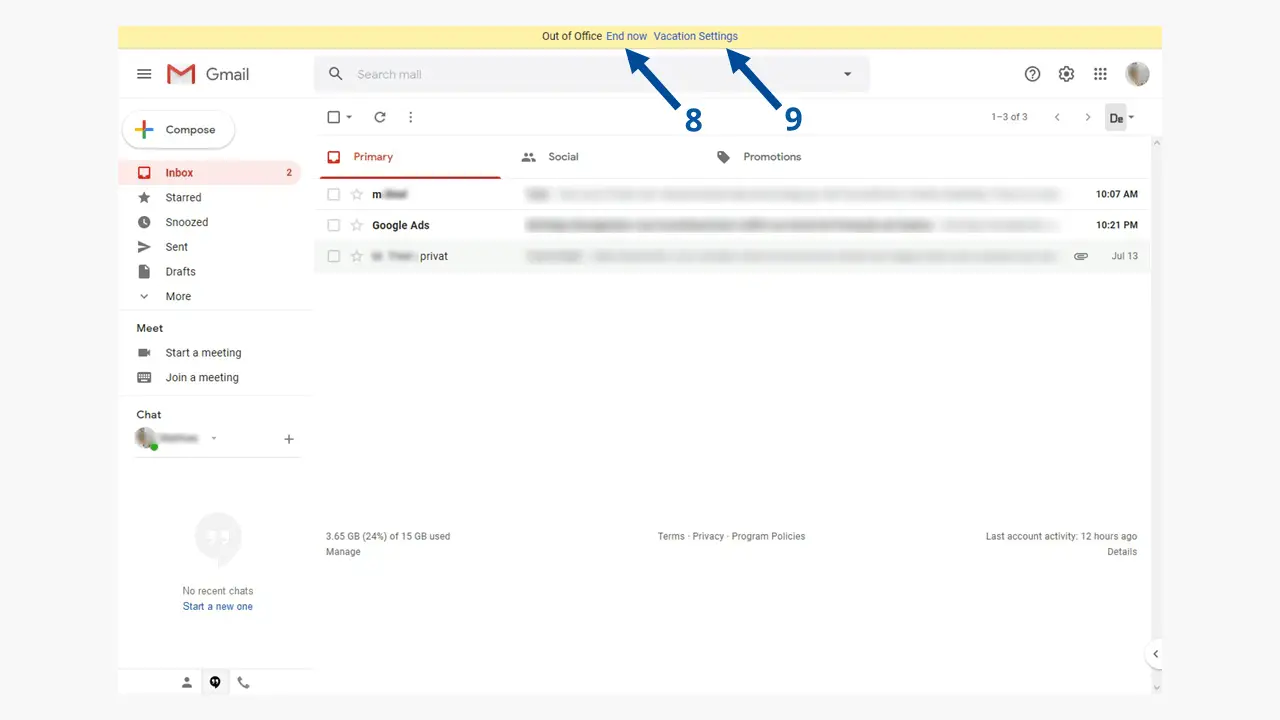 Automatische Antwort von Google Mail: Wenn die automatische Antwort aktiviert ist, wird sie gelb hervorgehoben.