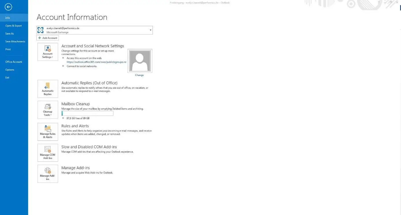Menü "Kontoinformationen" in Outlook 2013