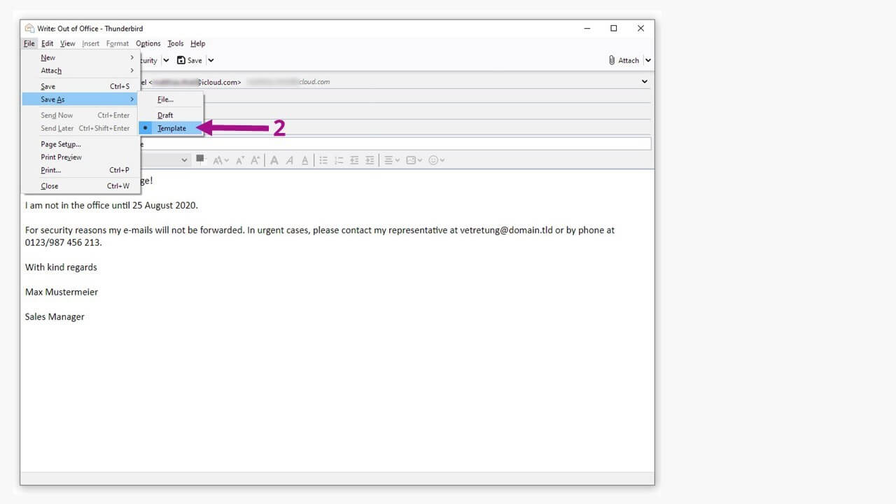 Autoresponder mit Thunderbird: E-Mail als Vorlage speichern.