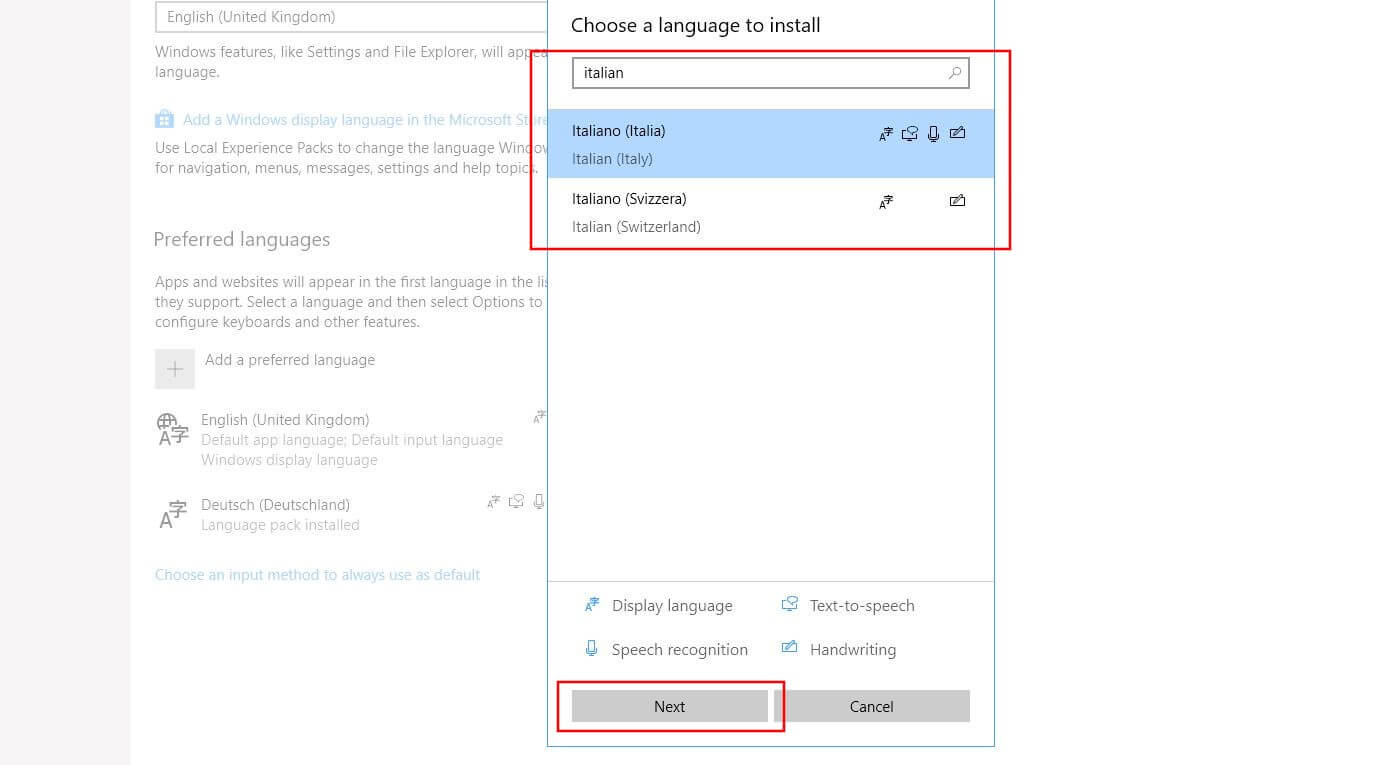 Windows 10-Dialogfeld: Wählen Sie eine zu installierende Sprache aus