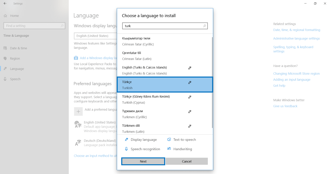 Menü zum Hinzufügen einer weiteren Sprache