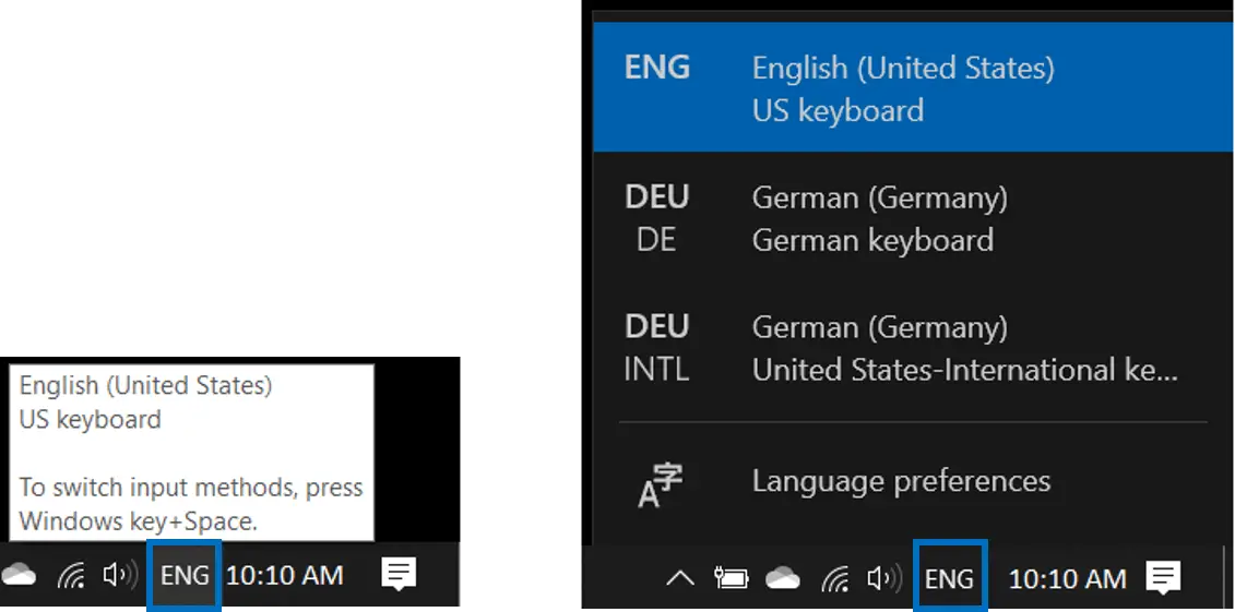 Menü zum Ändern der Windows 10-Tastatursprache in der Taskleiste