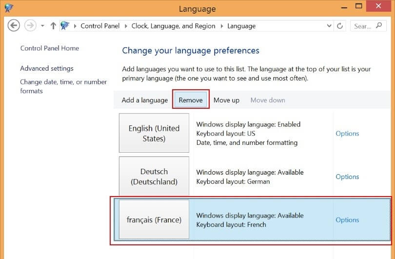 Windows 8: Entfernen Sie eine Sprache aus der Sprachliste