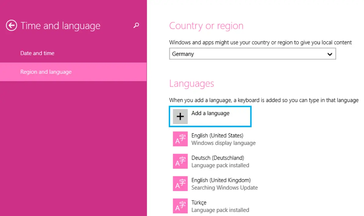 Einstellungen für? Region und Sprache? in Windows 8