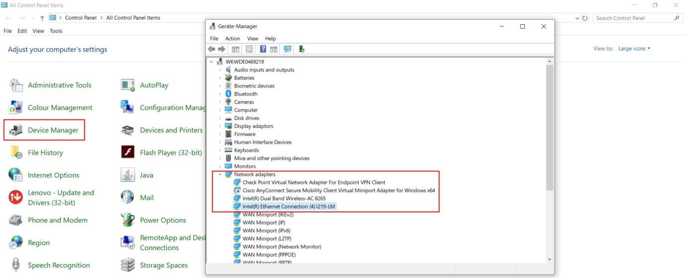 Windows 10: Geräte-Manager mit der angezeigten Liste der "Netzwerkadapter".