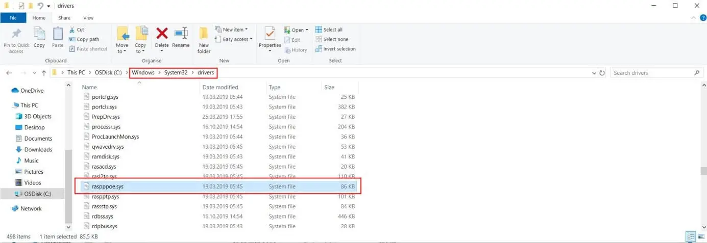 Windows 10 File Explorer: Raspppoe.sys Dateiverzeichnis