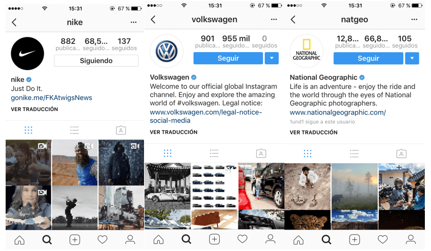 Offizielles Profil von Nike, Volkswagen, National Geographic auf Instagram