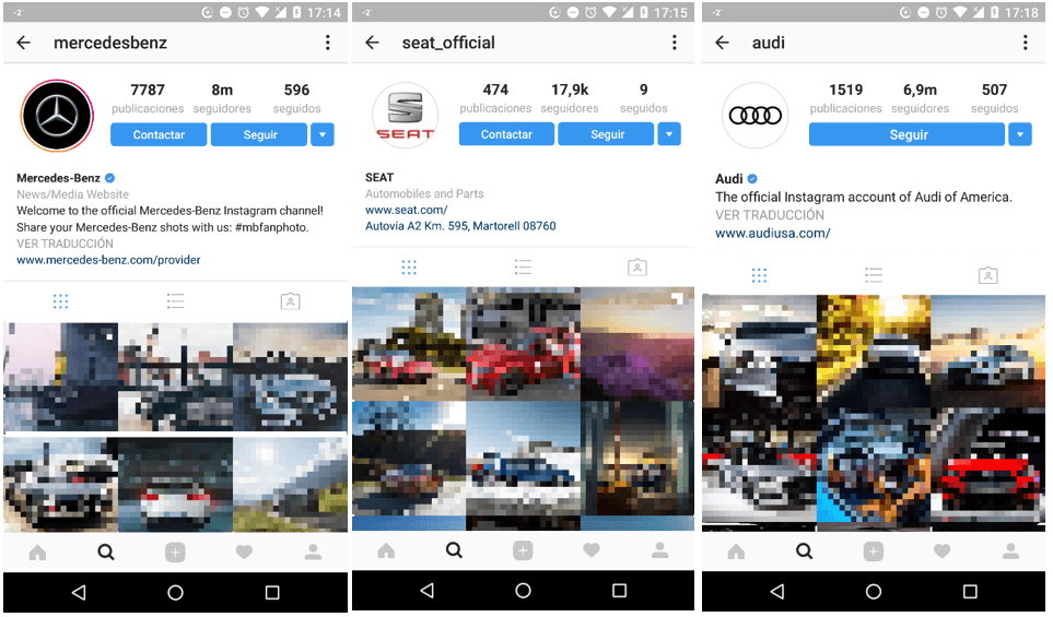 Screenshot des offiziellen Mercedes-Benz, Audi und Seat Accounts auf Instagram