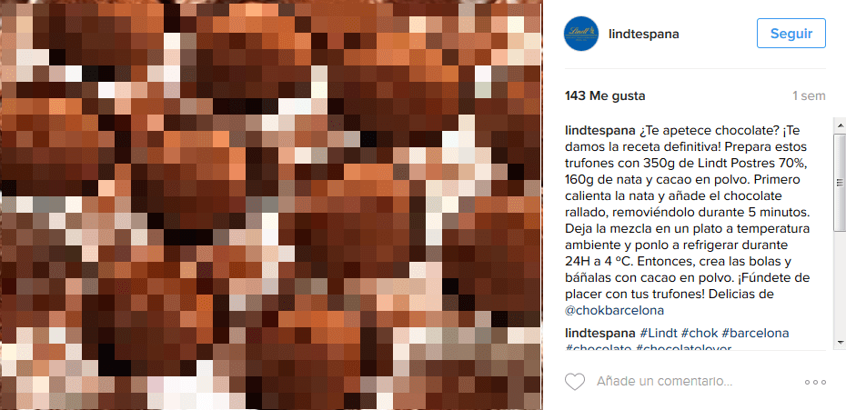 Screenshot von Lindt Spanien im offiziellen Profil des Unternehmens auf Instagram