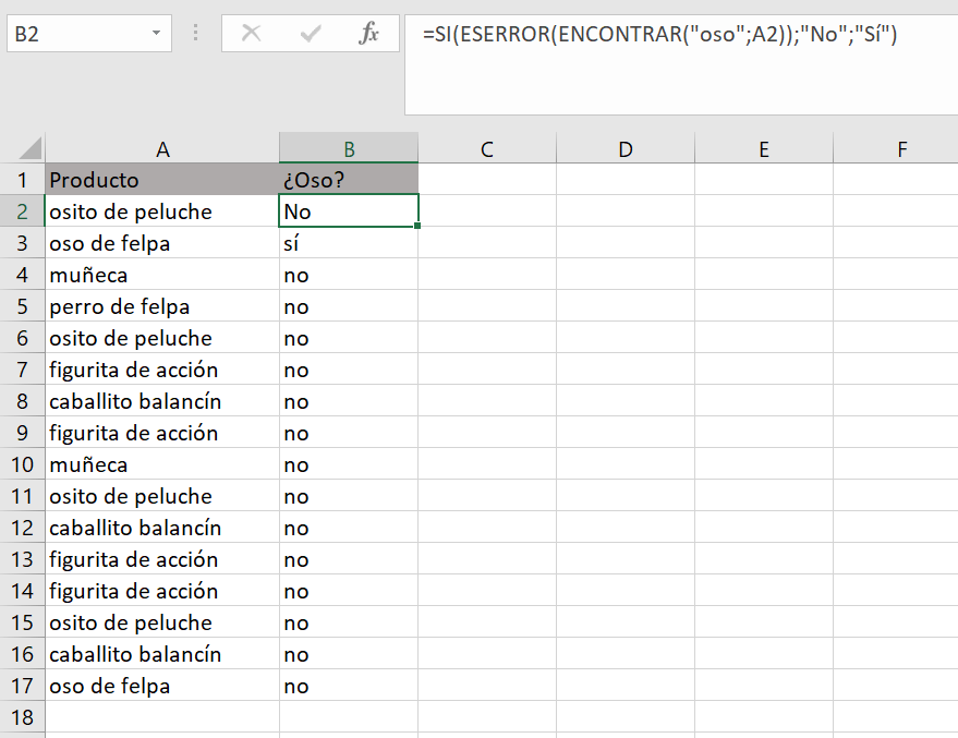 Tabelle in Excel mit FIND-Funktion und IF-Funktion