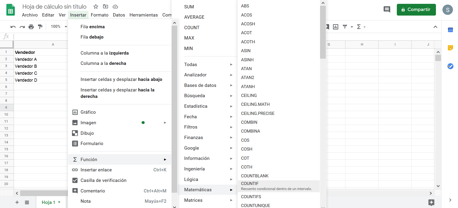 Fügen Sie COUNTIF aus dem Menü in Google Sheets ein 