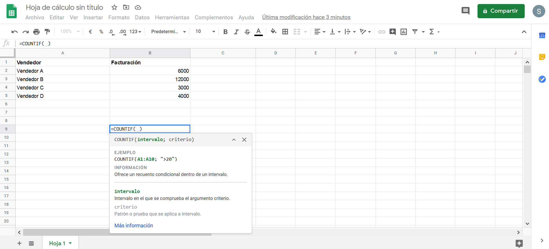 Beispiel für eine Google-Tabelle mit COUNTIF in einer Zelle 