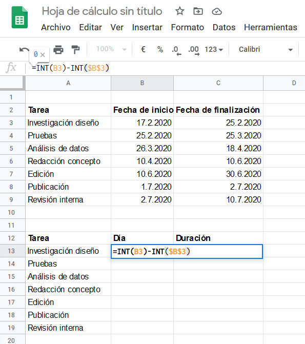 Formel in Google Sheets eingefügt