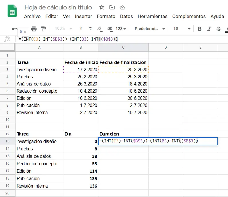 Google Sheets: Formel für die Aufgabendauer