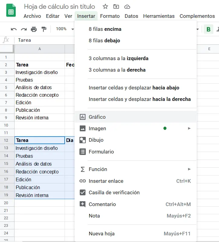 Menü? Einfügen? von Google Sheets