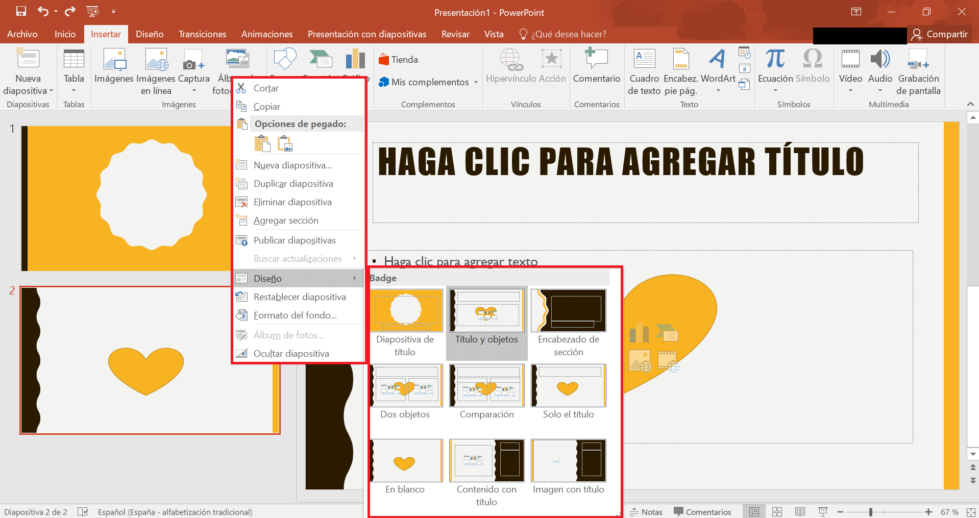 Klicken Sie mit der rechten Maustaste auf die Folie, um die Layoutauswahl in PowerPoint 2019 anzuzeigen