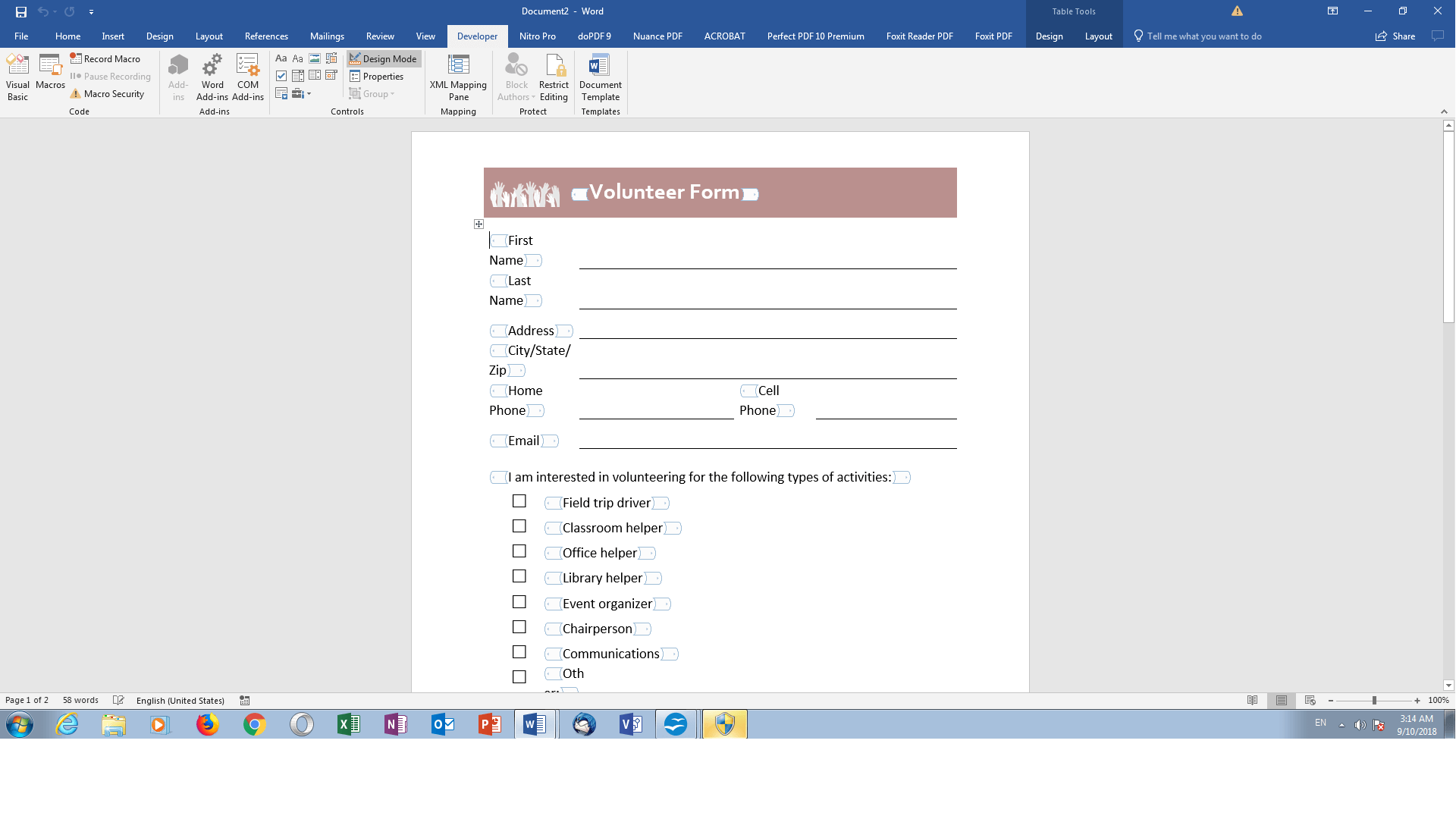 Beispielformularvorlage? Rechnung? in MS Word im Entwurfsmodus