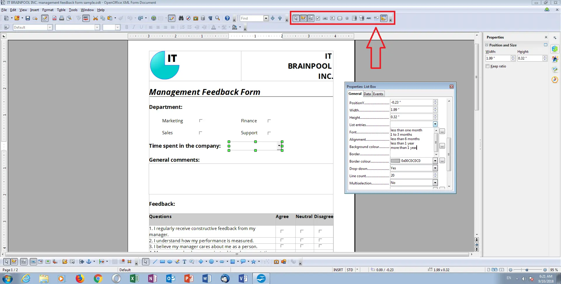 Beispiel eines Management-Feedback-Formulars im OpenOffice Writer-Entwurfsmodus