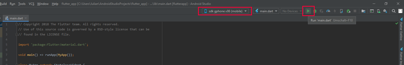 Schnittstelle zur Auswahl eines virtuellen Testgeräts in Android Studio