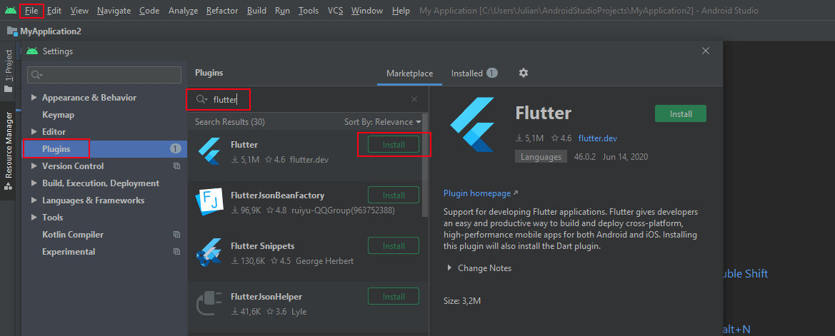 Installieren des Flutter-Plugins in Android Studio