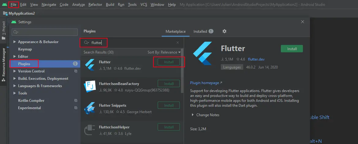 Installieren des Flutter-Plugins in Android Studio