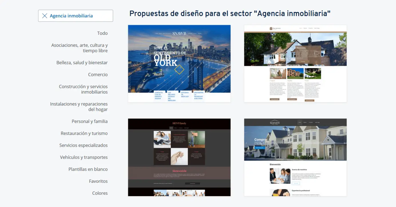 IONOS Design Templates - Screenshot der vorgeschlagenen Vorlagen für Immobilien