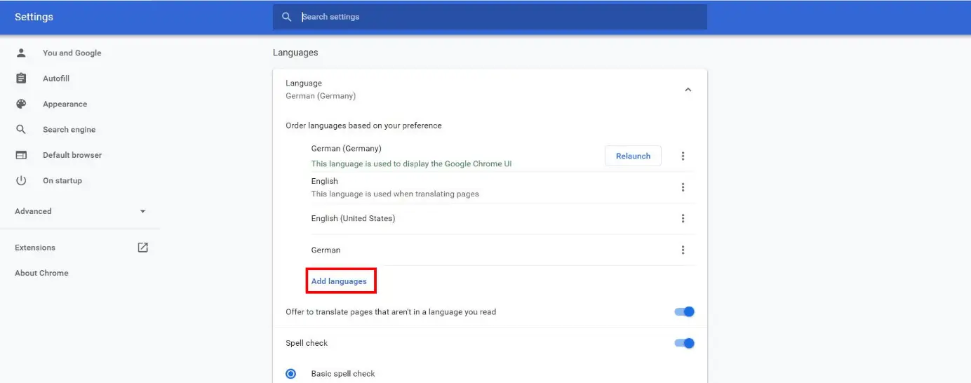Option zum Hinzufügen von Sprachen? in Chrome-Einstellungen