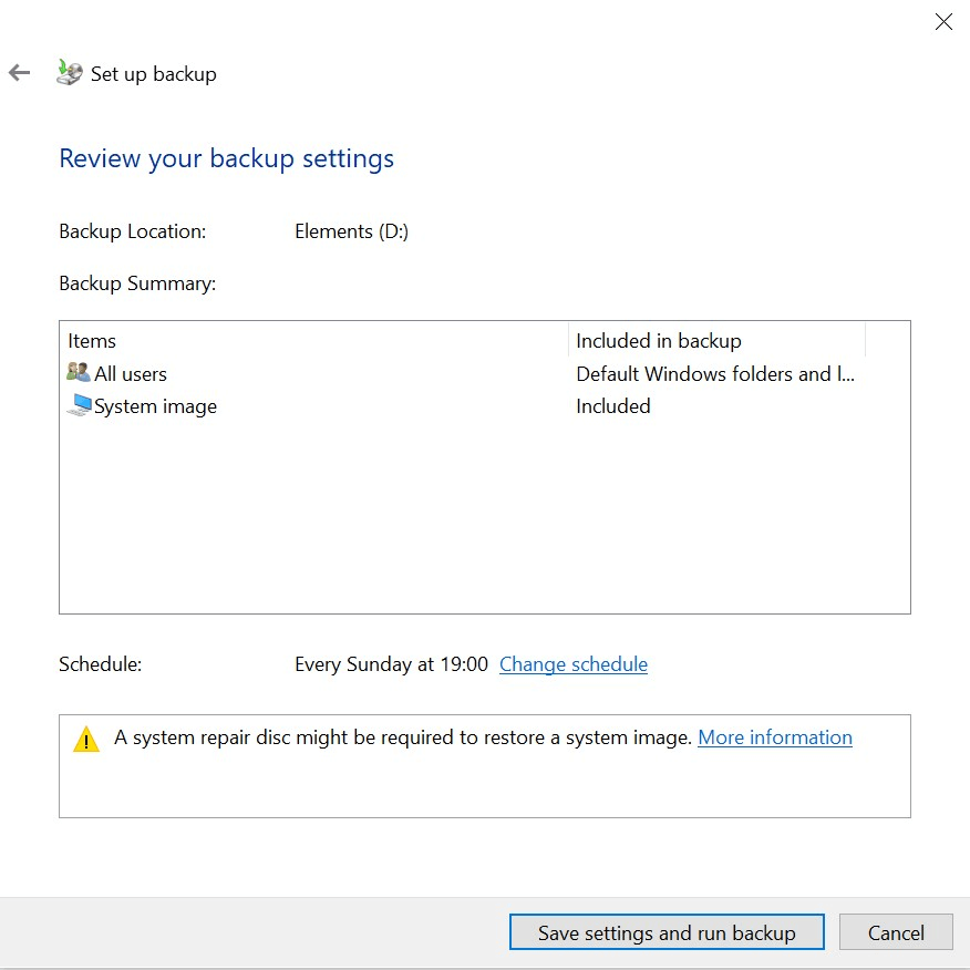 Windows 10-Sicherungseinstellungen